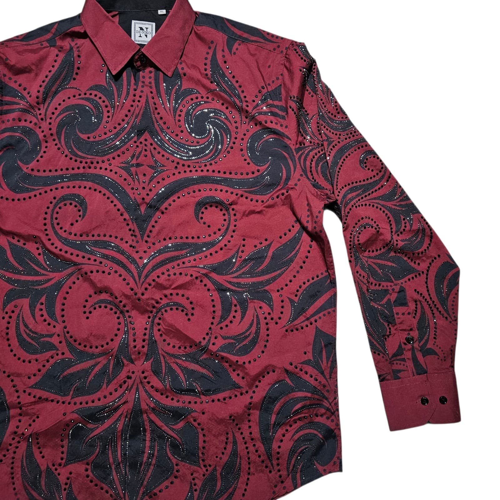 ​DeNiko XL Mens Beaded Button Down Shirt Red Black Filigree Luxury Modal Stretch - Thumbnail 2