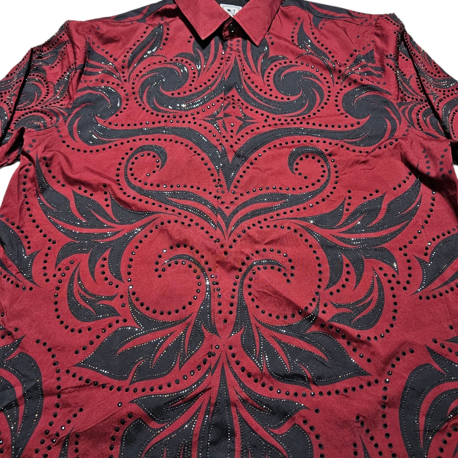 ​DeNiko XL Mens Beaded Button Down Shirt Red Black Filigree Luxury Modal Stretch - Thumbnail 4