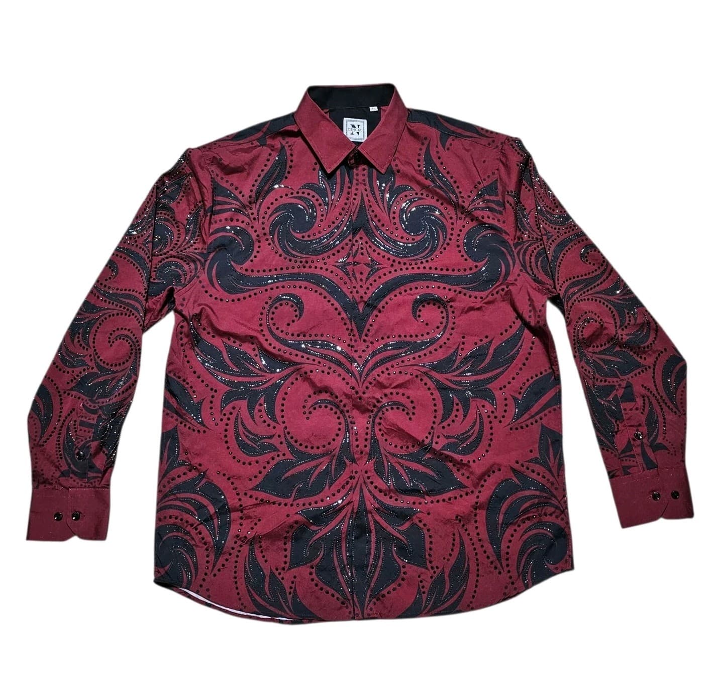 ​DeNiko XL Mens Beaded Button Down Shirt Red Black Filigree Luxury Modal Stretch