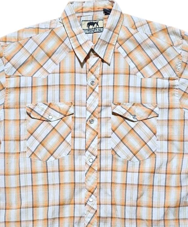 Western Trails Button Up Shirt Mens L Orange Plaid Pearl Snaps Short Sleeve - Thumbnail 3