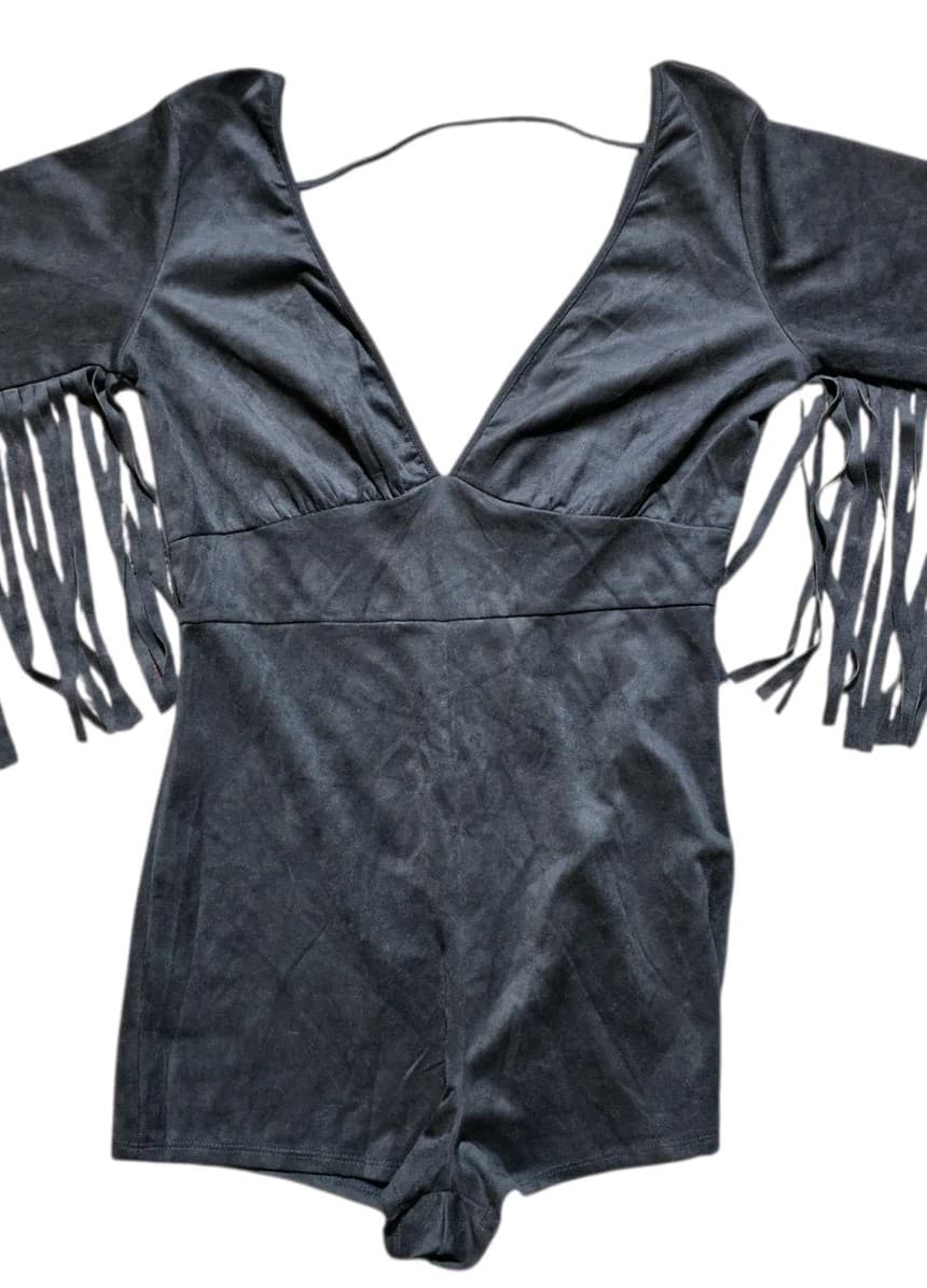 Bear Dance Woman's Black Size Large Faux Suede Fringe Long Sleeve Western Romper - Thumbnail 2