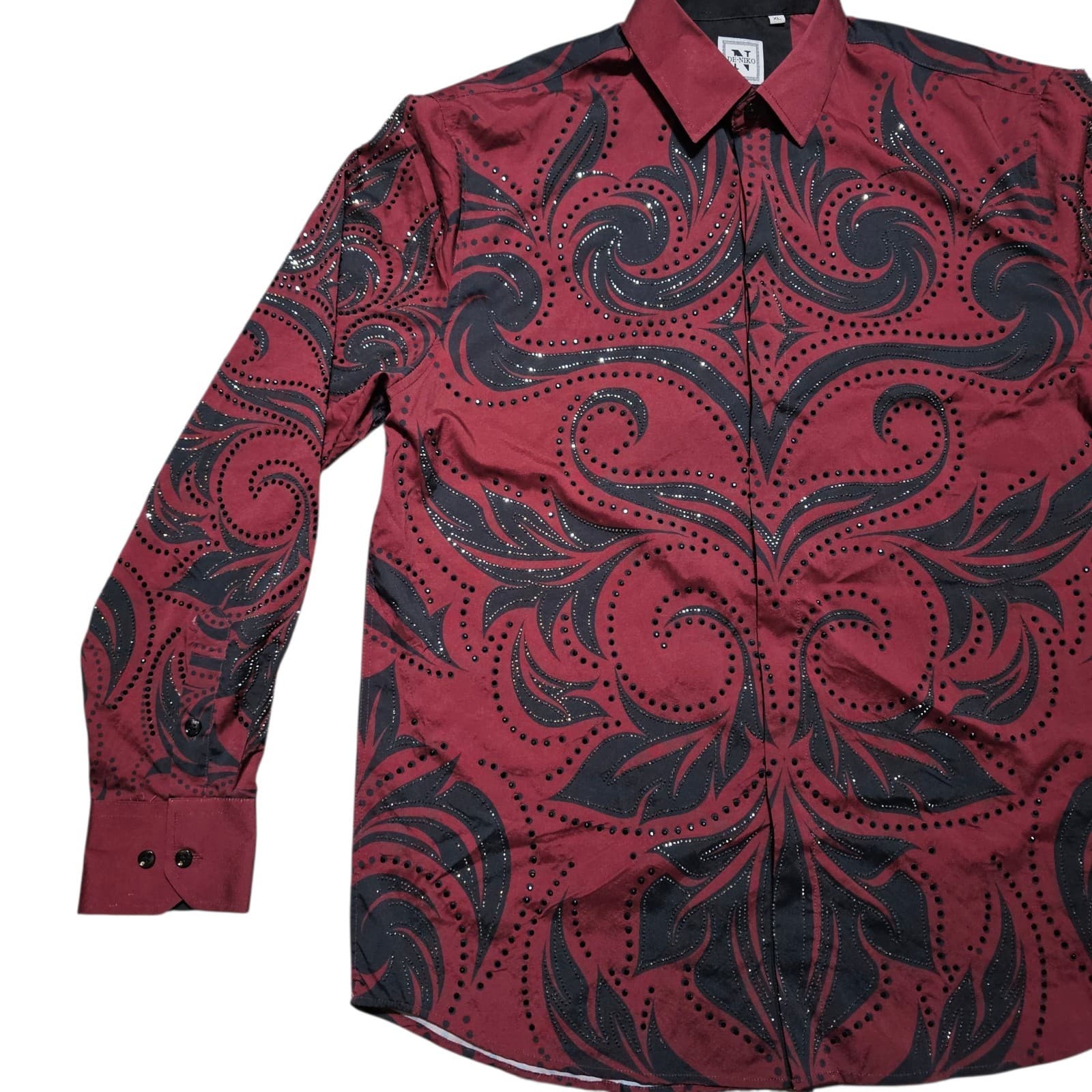 ​DeNiko XL Mens Beaded Button Down Shirt Red Black Filigree Luxury Modal Stretch - Thumbnail 3