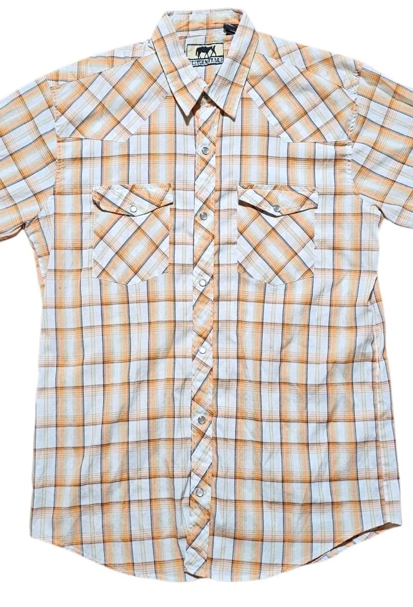 Western Trails Button Up Shirt Mens L Orange Plaid Pearl Snaps Short Sleeve - Thumbnail 2