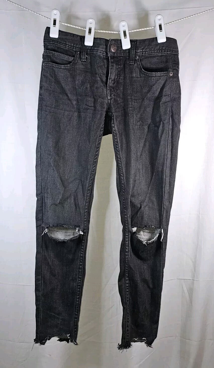 Free People Jeans Womens 25 Black Fade Stretch Midrise Skinny Distressed Raw Hem