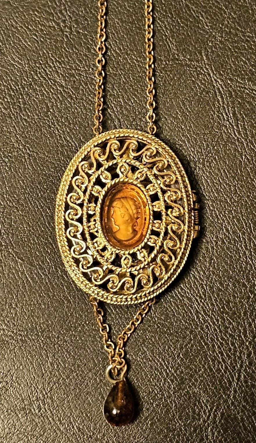 vintage 21" gold locket pendant NECKLACE amber cameo all seeing eye jewelry