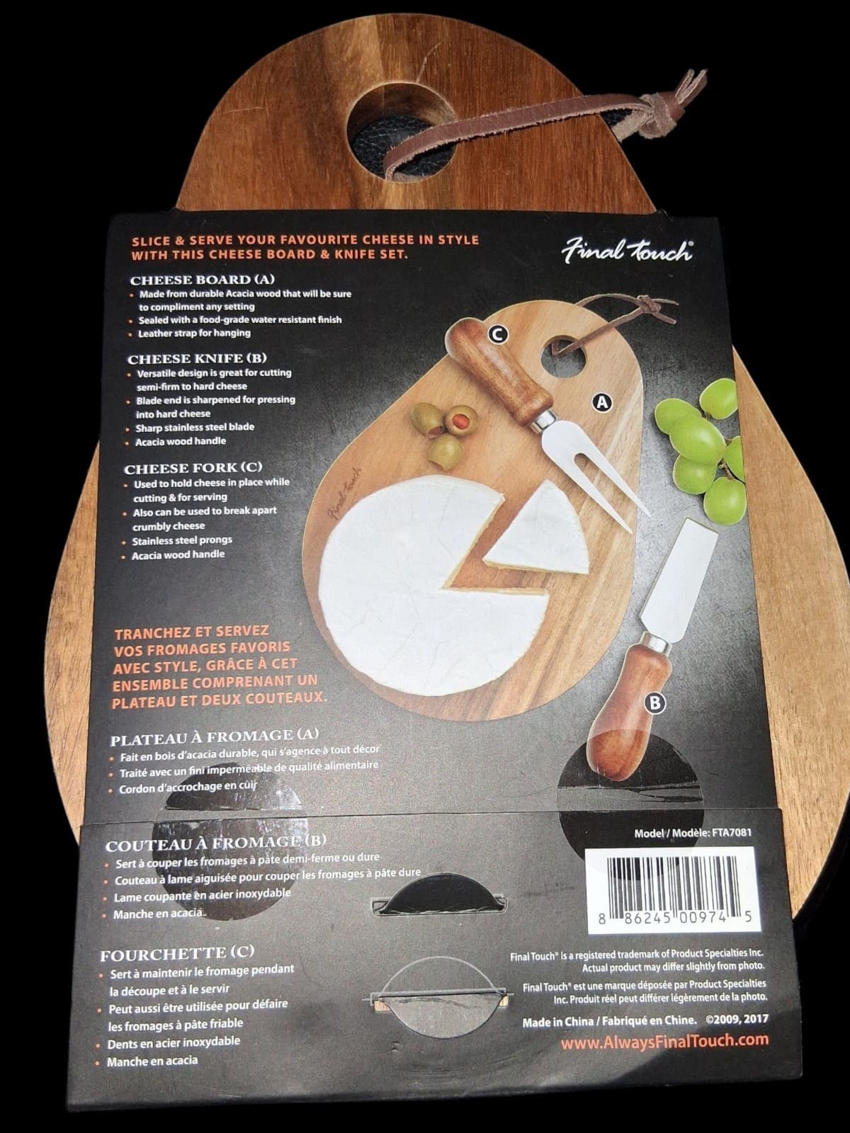 New Final Touch 3 Piece Pear Shaped Acacia Wood Cheese Board Set Stainless Steel - Thumbnail 2