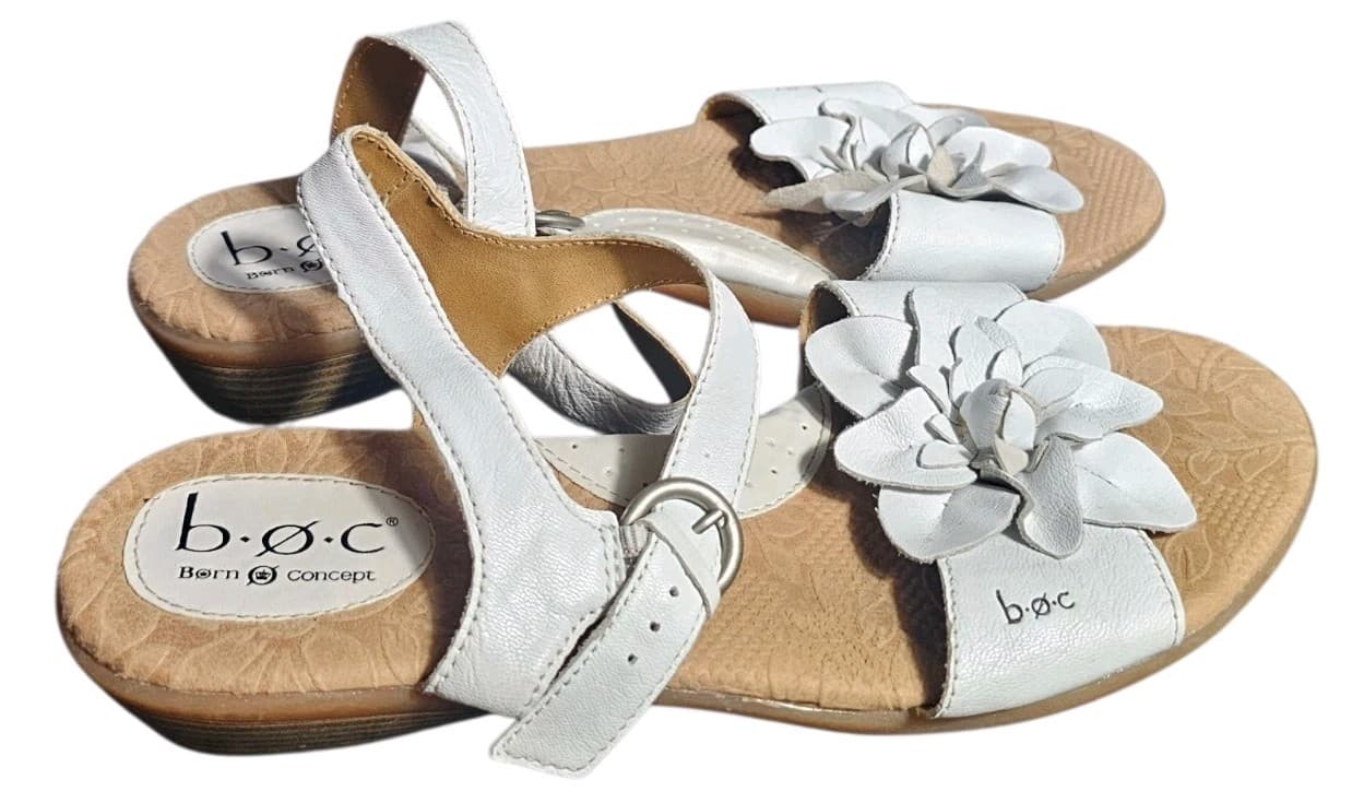 B.O.C. Born Concept Estella White Leather Floral Wedge Sandals Womans Size 10 - Thumbnail 3