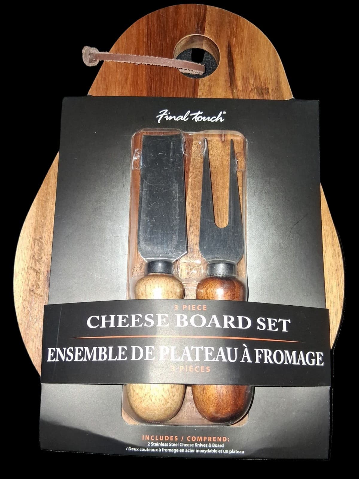New Final Touch 3 Piece Pear Shaped Acacia Wood Cheese Board Set Stainless Steel