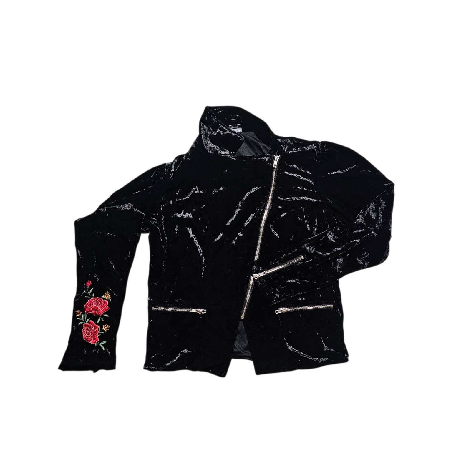 Coco Crushed Velvet Moto Jacket Women Juniors L Black Floral Embroidered Disney