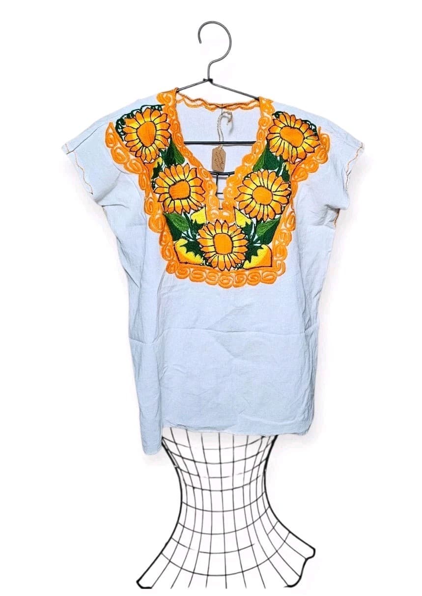 Vintage Mexican Embroidered Sleeveless Sunflower Blouse Womans Size Xl - Thumbnail 9
