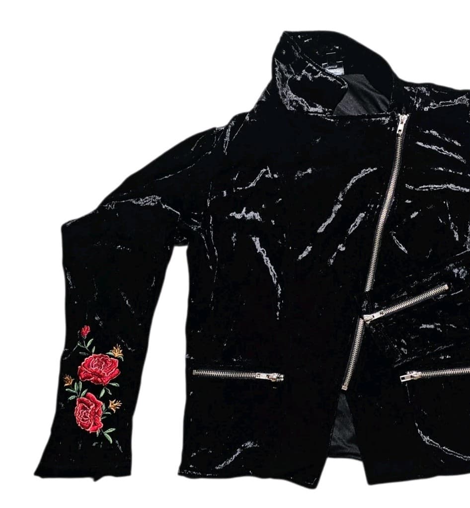 Coco Crushed Velvet Moto Jacket Women Juniors L Black Floral Embroidered Disney - Thumbnail 2
