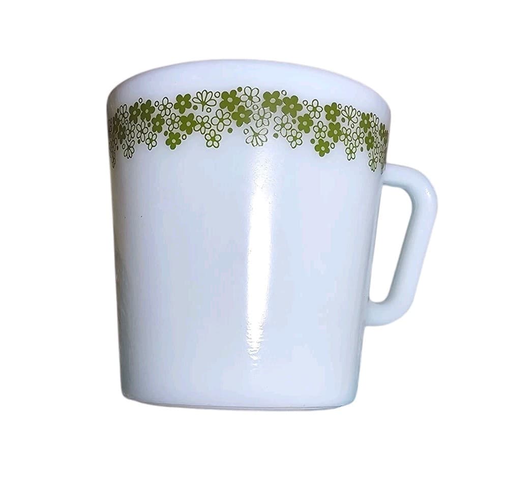 Vintage 70's Pyrex Coffee Mug Diagonal Handle Ceramic Cup Spring Flowers Green - Thumbnail 6