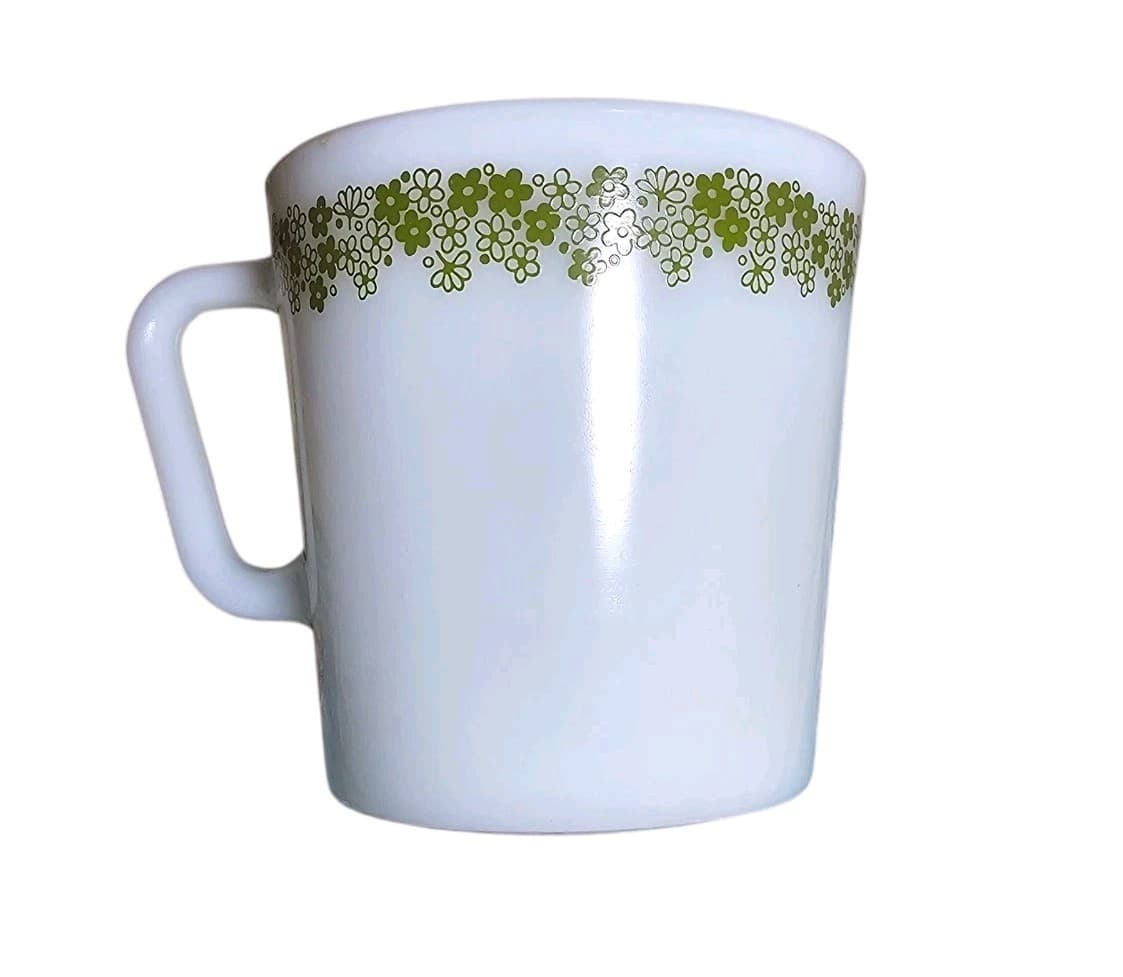 Vintage 70's Pyrex Coffee Mug Diagonal Handle Ceramic Cup Spring Flowers Green
