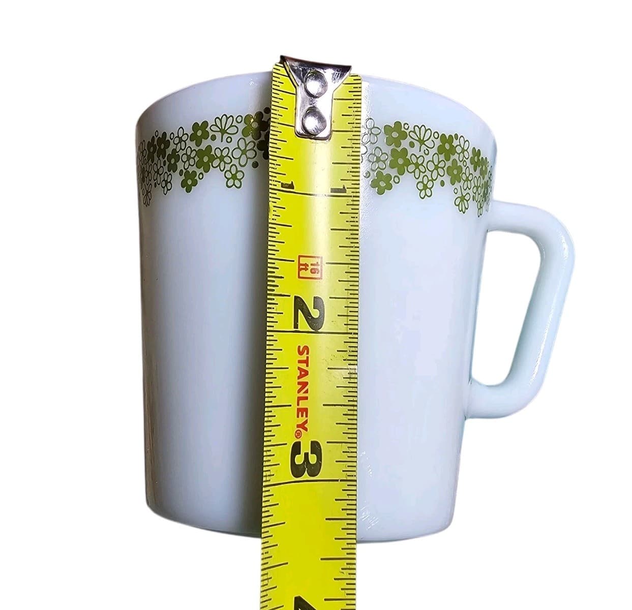 Vintage 70's Pyrex Coffee Mug Diagonal Handle Ceramic Cup Spring Flowers Green - Thumbnail 2