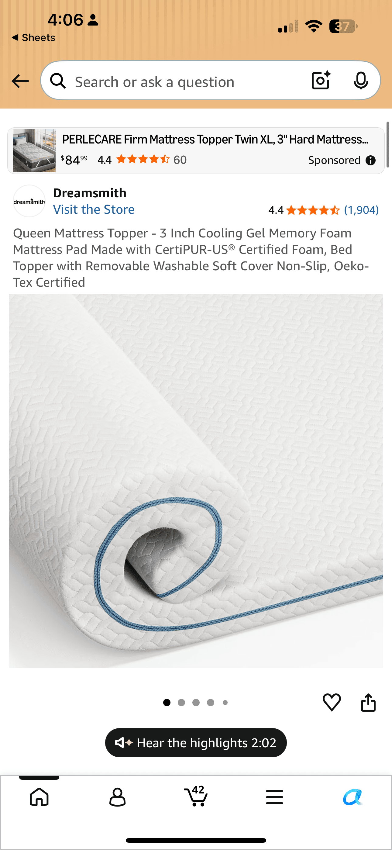 Dreamsmith Queen Mattress Topper 3 Inch Cooling Gel Memory Foam