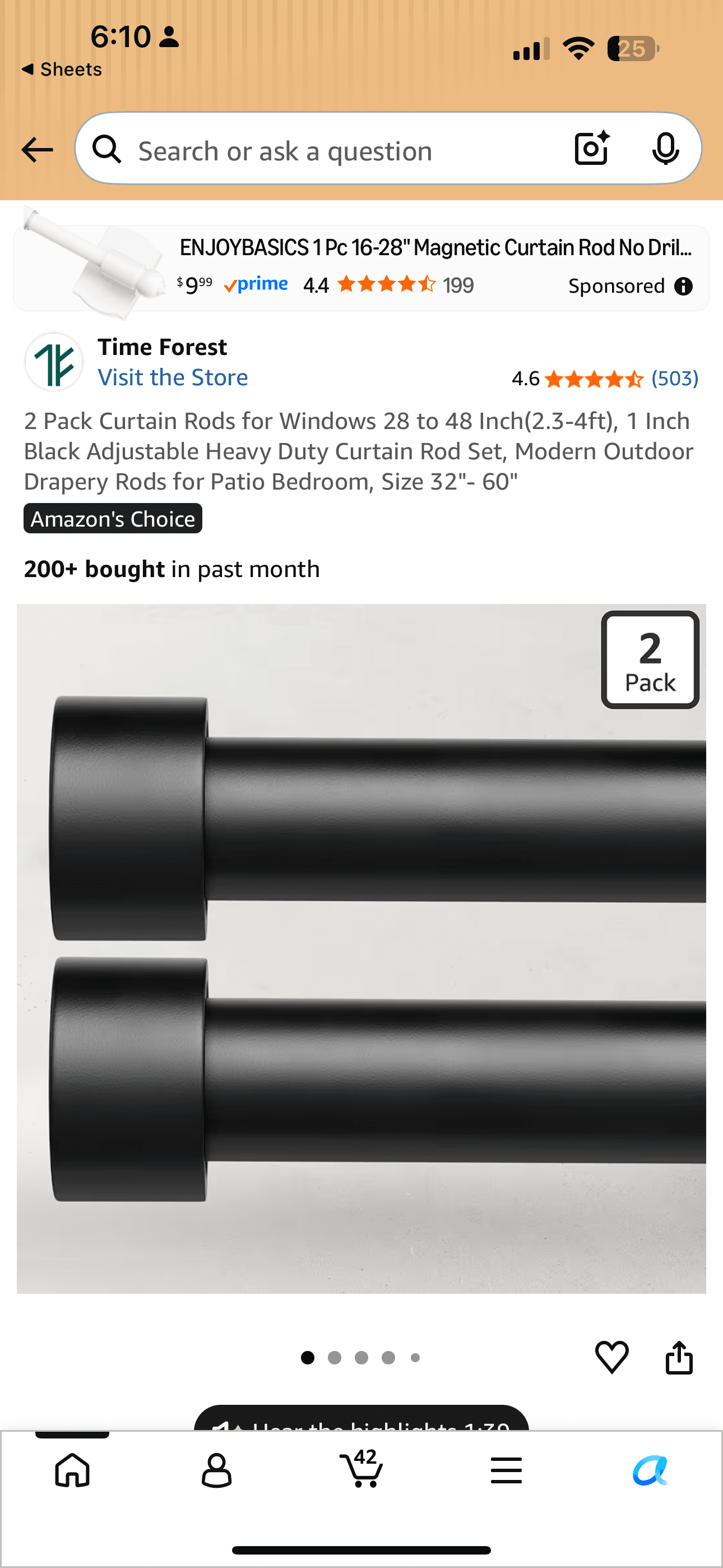 Time Forest Adjustable Curtain Rods 28-48 Inch Black 2 Pack