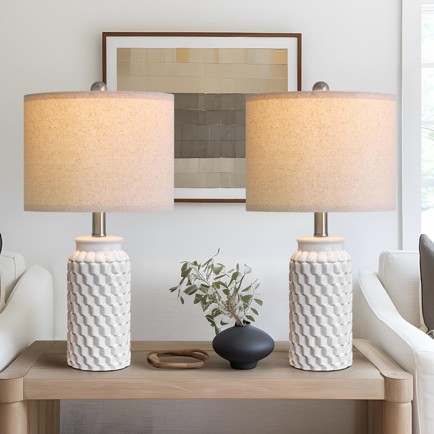 USumkky 20.5" White Modern Ceramic Bedside Lamps Set of 2 Small Table Lamp