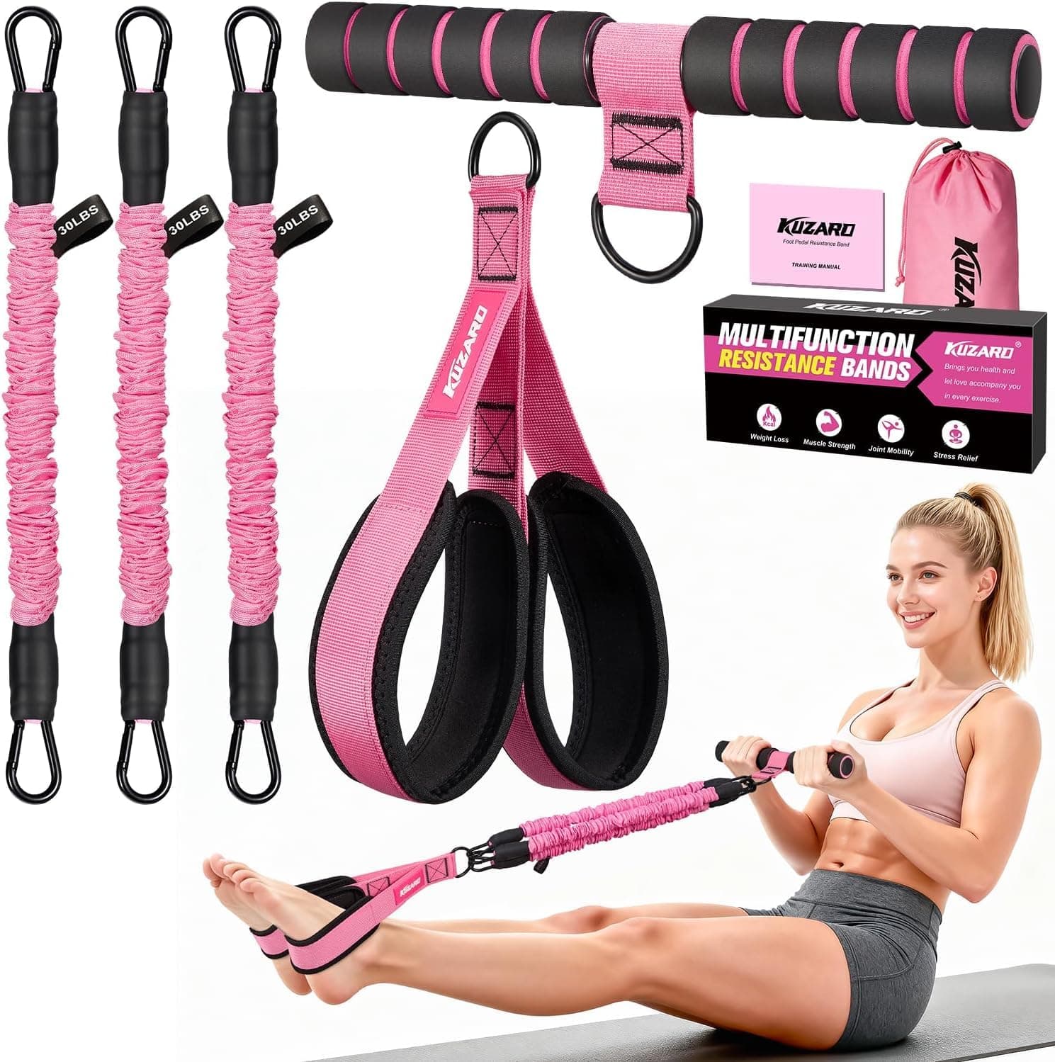 KUZARO Foot Pedal Resistance Band with Handle 3 Tube for Abs Waist Arm Leg