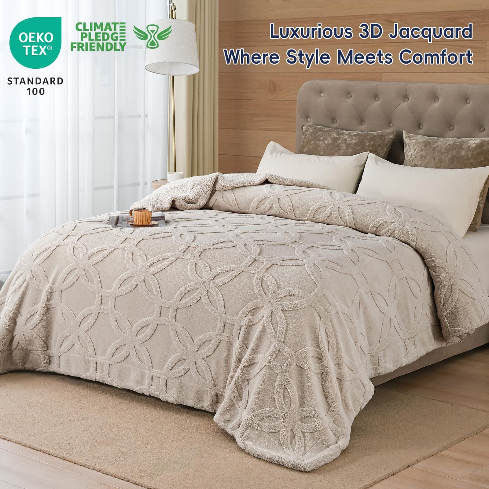 PHF Sherpa Fleece Blanket King Size 108" x 90" Oak - Thumbnail 4