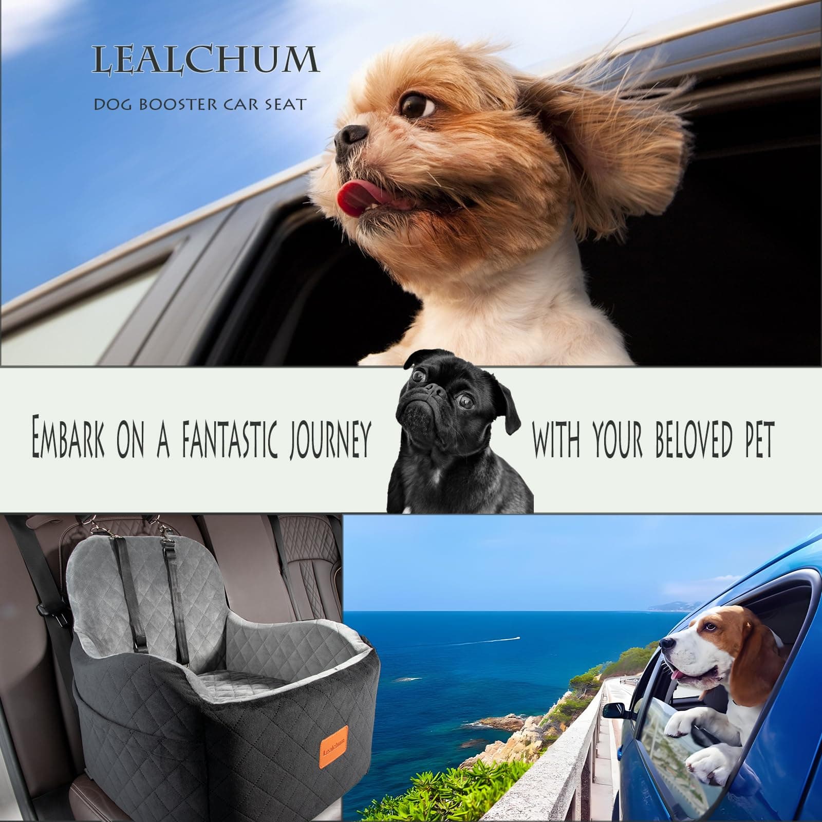 Lealchum Dog Booster Car Seat for Small/Medium Dogs 6in Memory Foam Black/Grey - Thumbnail 6