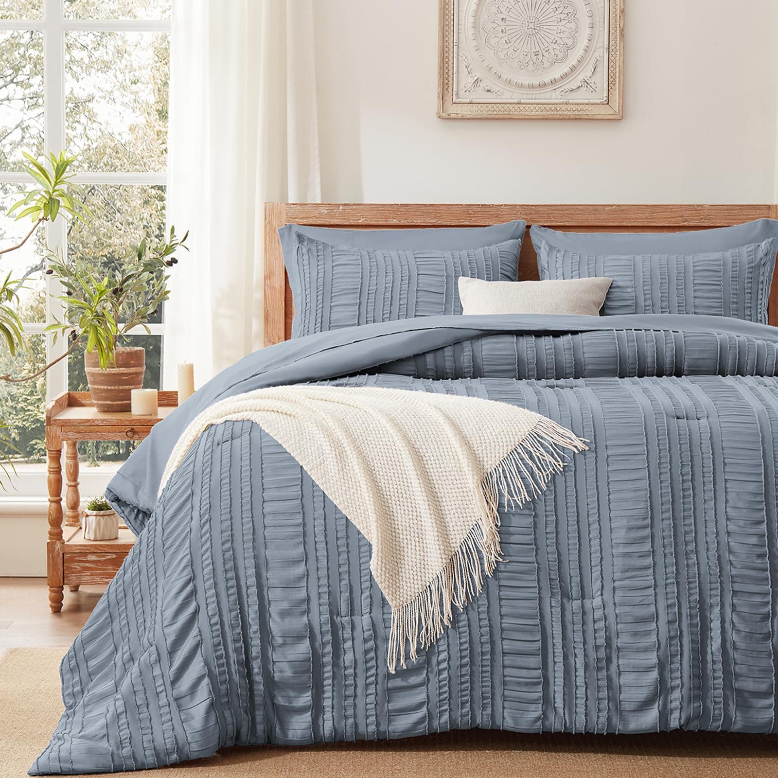 DHSFKBE Blue King Size 7 Piece Bed in a Bag Microfiber Ruffle Comforter Set - Thumbnail 2