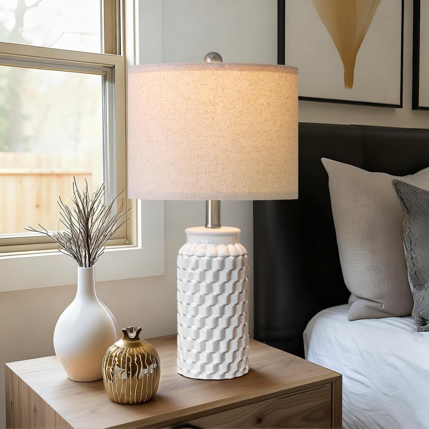 USumkky 20.5" White Modern Ceramic Bedside Lamps Set of 2 Small Table Lamp - Thumbnail 6