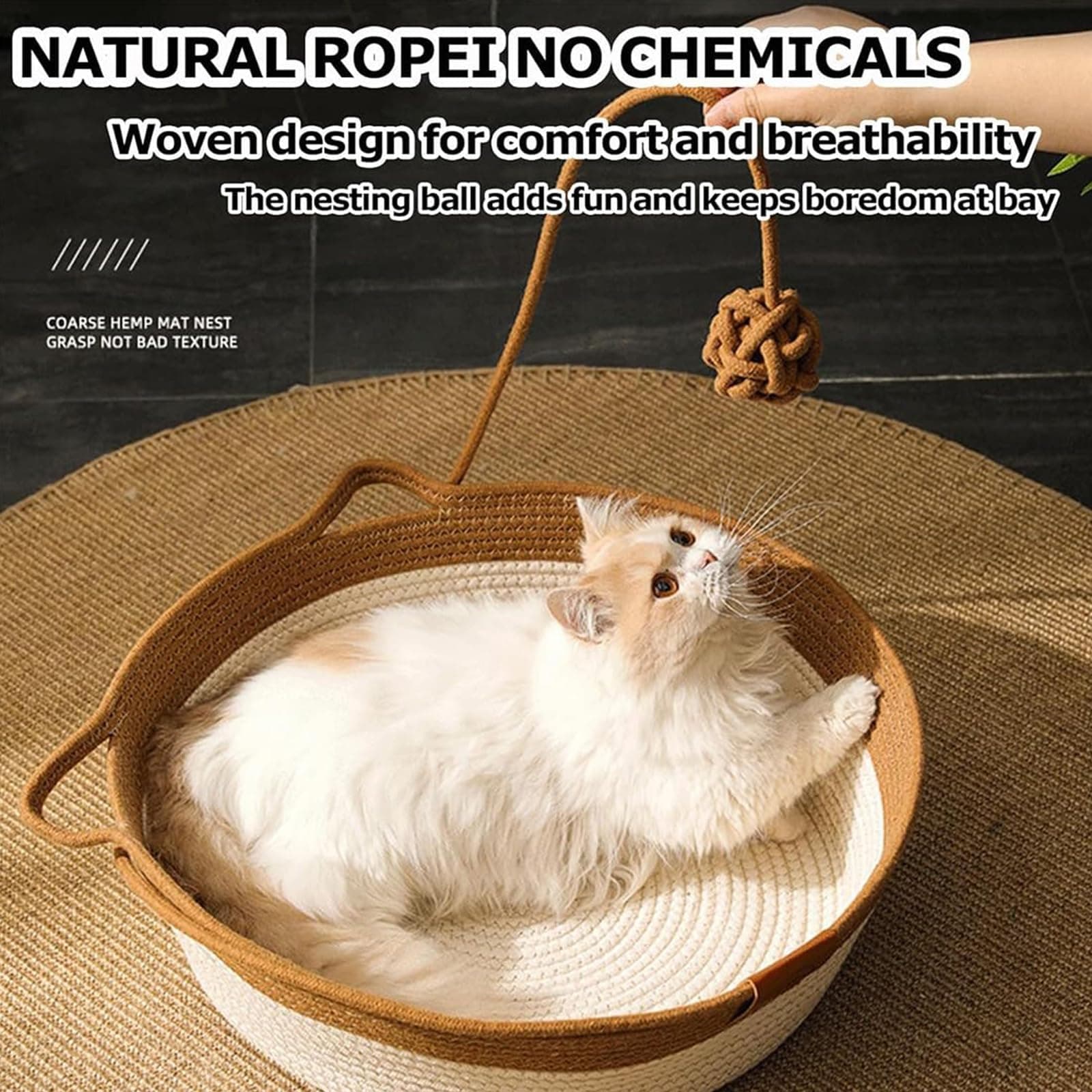 FHKPET Stimuli Handwoven Large Cat Basket Rope Cotton Round Boho Catbed - Thumbnail 3