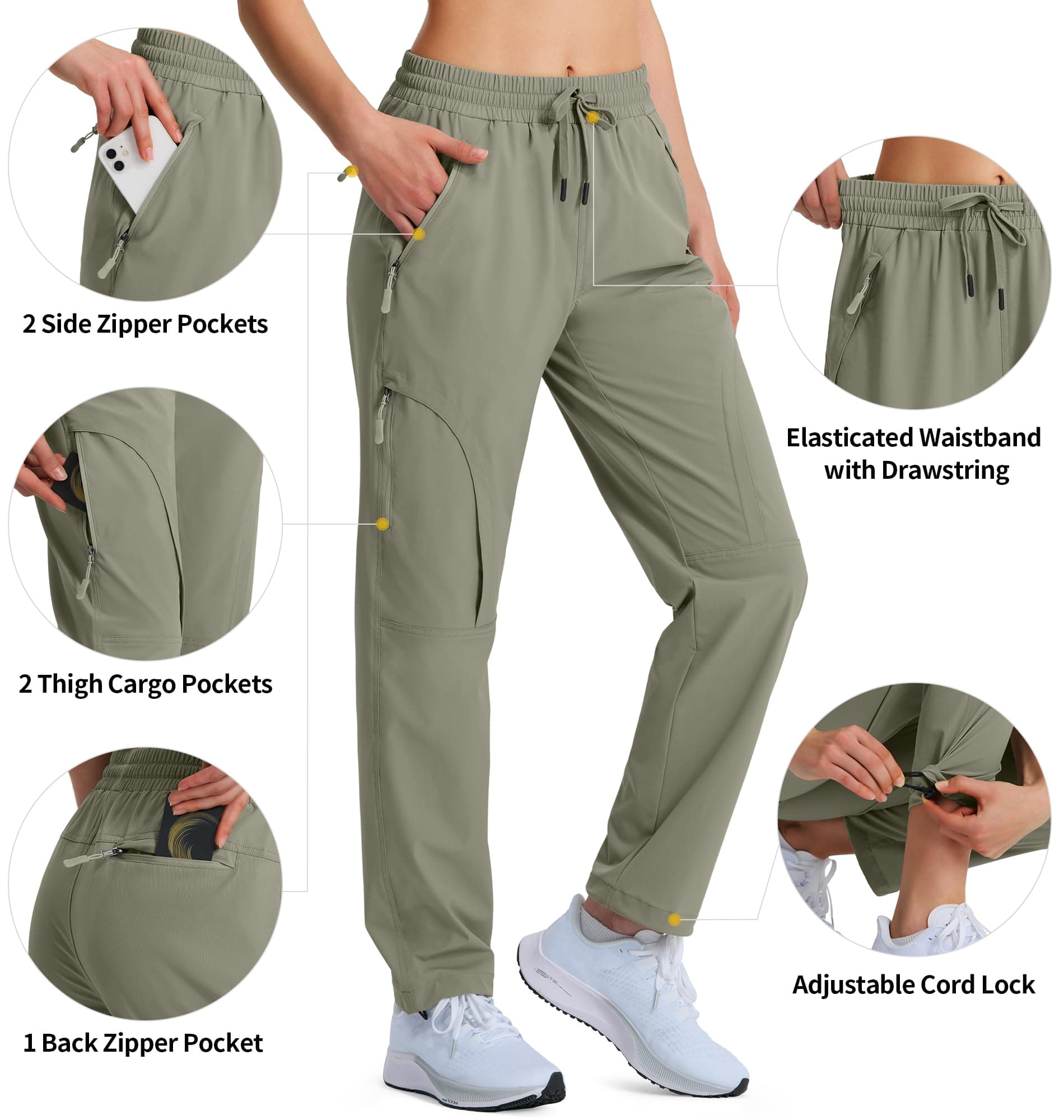 Hugut Women's Hiking Pants Quick Dry Lightweight Cargo Pants UPF 50 Grey Sage - Thumbnail 6