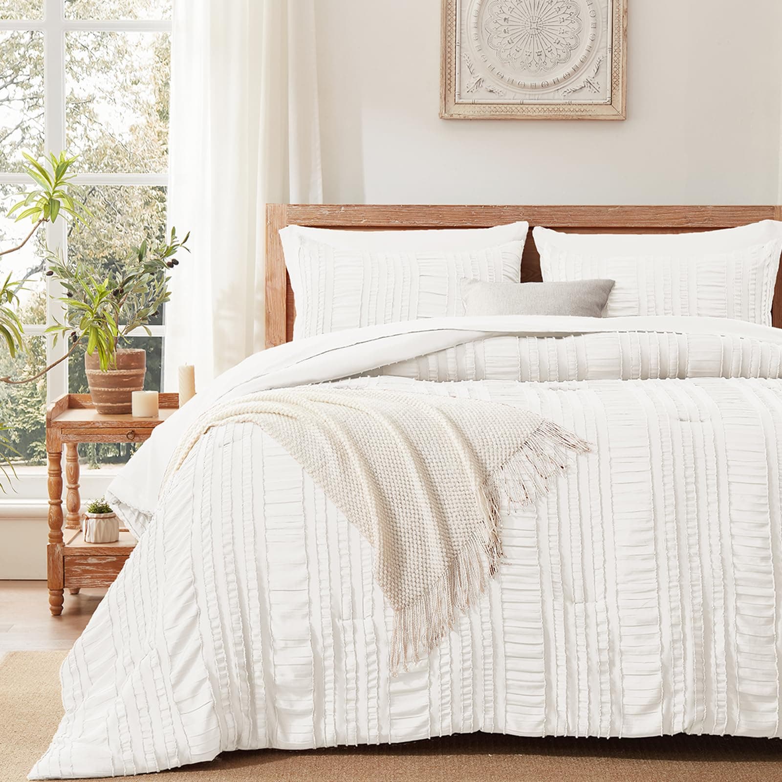 DHSFKBE White King 7 Piece Tufted Comforter Set Bed in a Bag Microfiber - Thumbnail 2