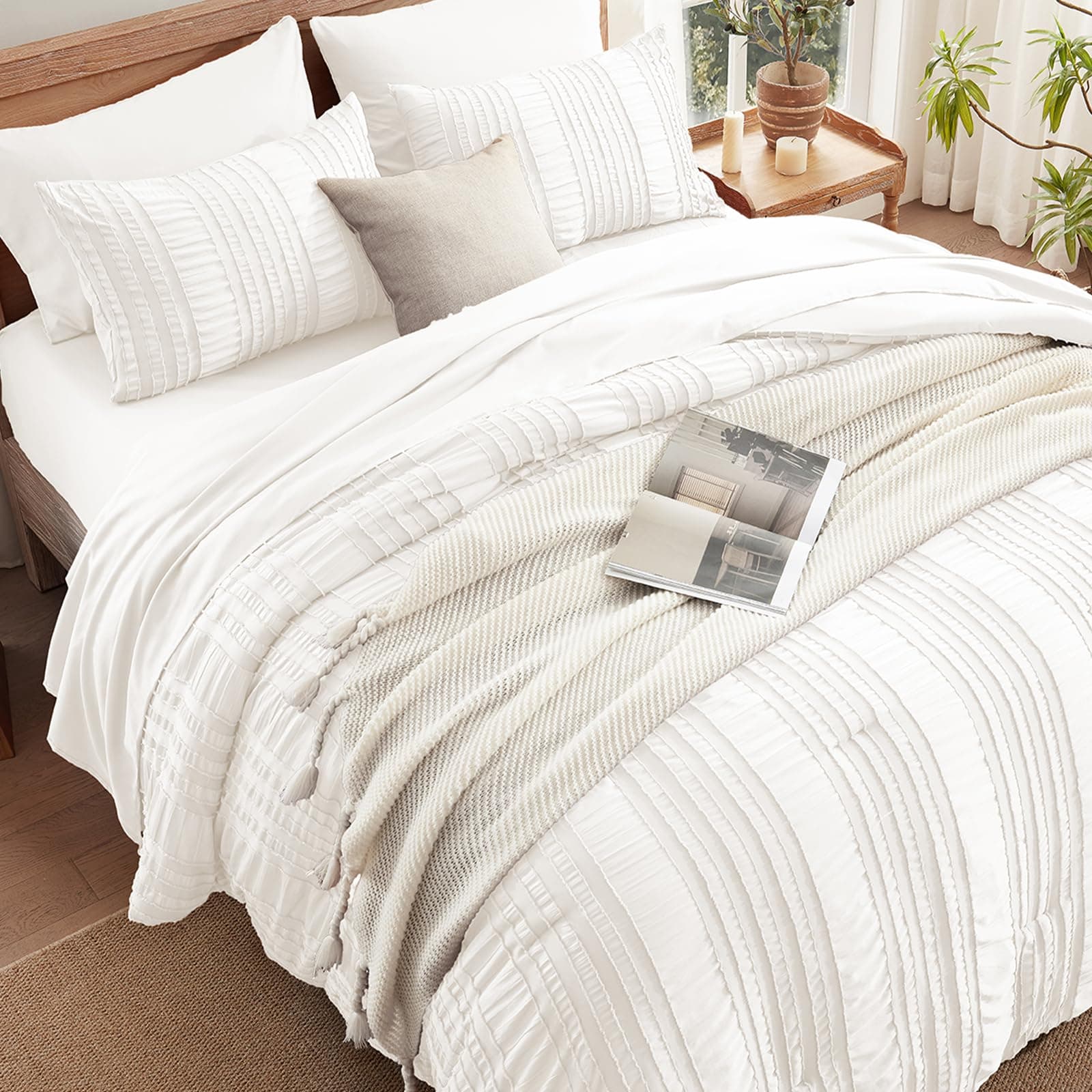 DHSFKBE White King 7 Piece Tufted Comforter Set Bed in a Bag Microfiber - Thumbnail 3