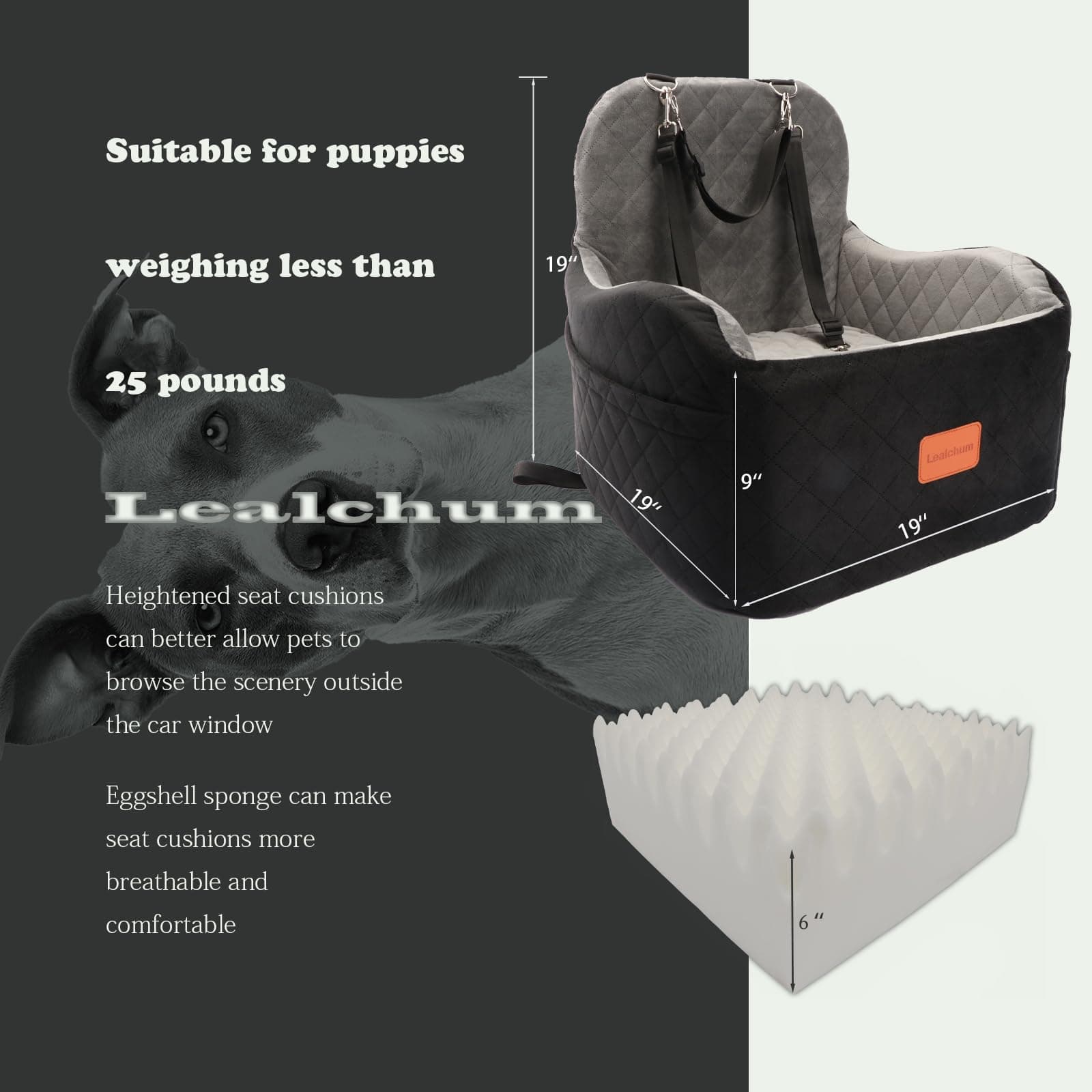 Lealchum Dog Booster Car Seat for Small/Medium Dogs 6in Memory Foam Black/Grey - Thumbnail 2