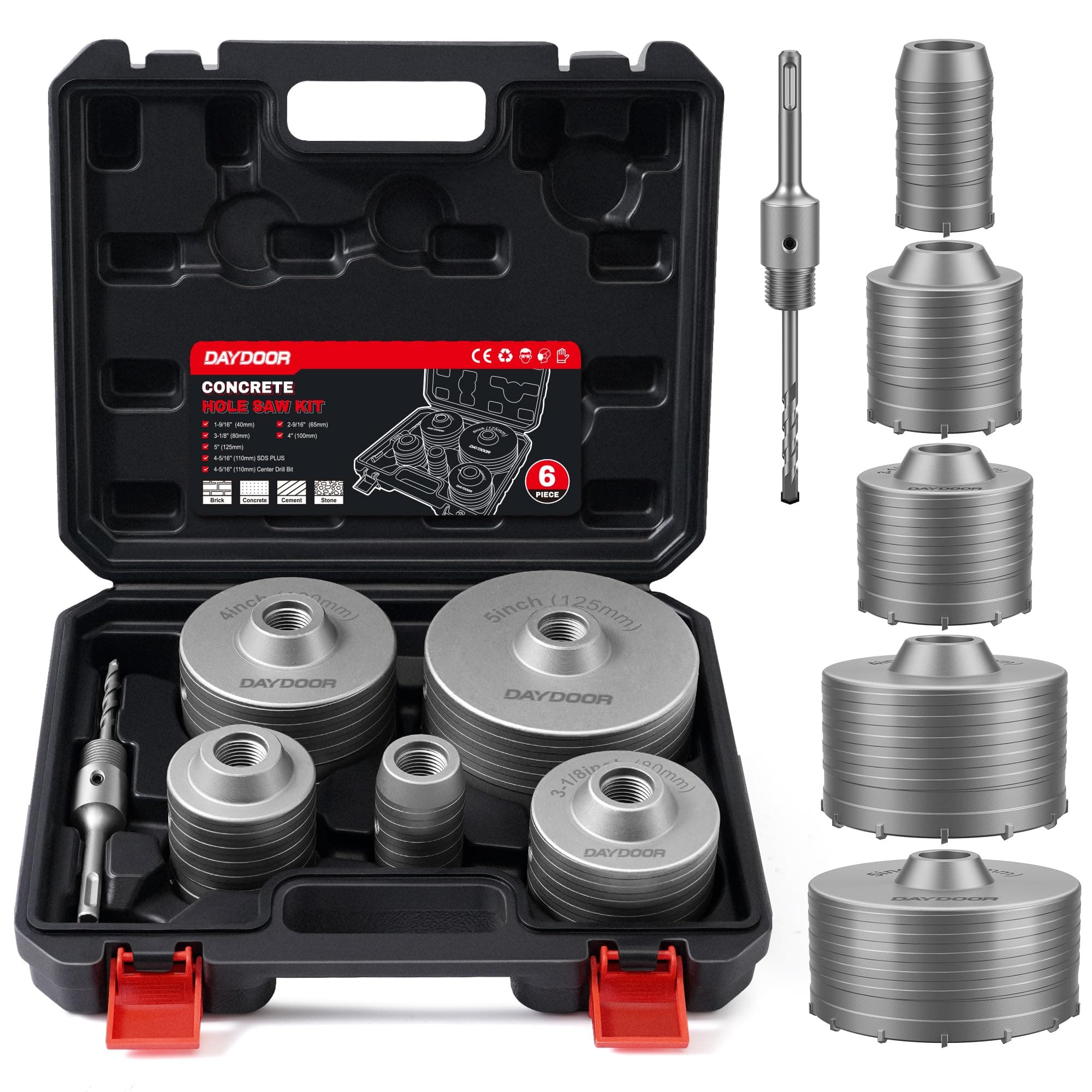 DAYDOOR 6-Piece Concrete Hole Saw Kit SDS Plus 1-9/16" 2-9/16" 3-1/8" 4" 5"