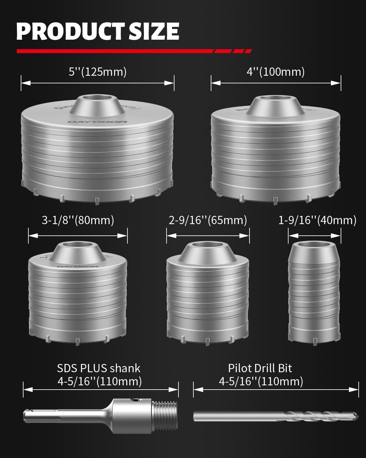 DAYDOOR 6-Piece Concrete Hole Saw Kit SDS Plus 1-9/16" 2-9/16" 3-1/8" 4" 5" - Thumbnail 4