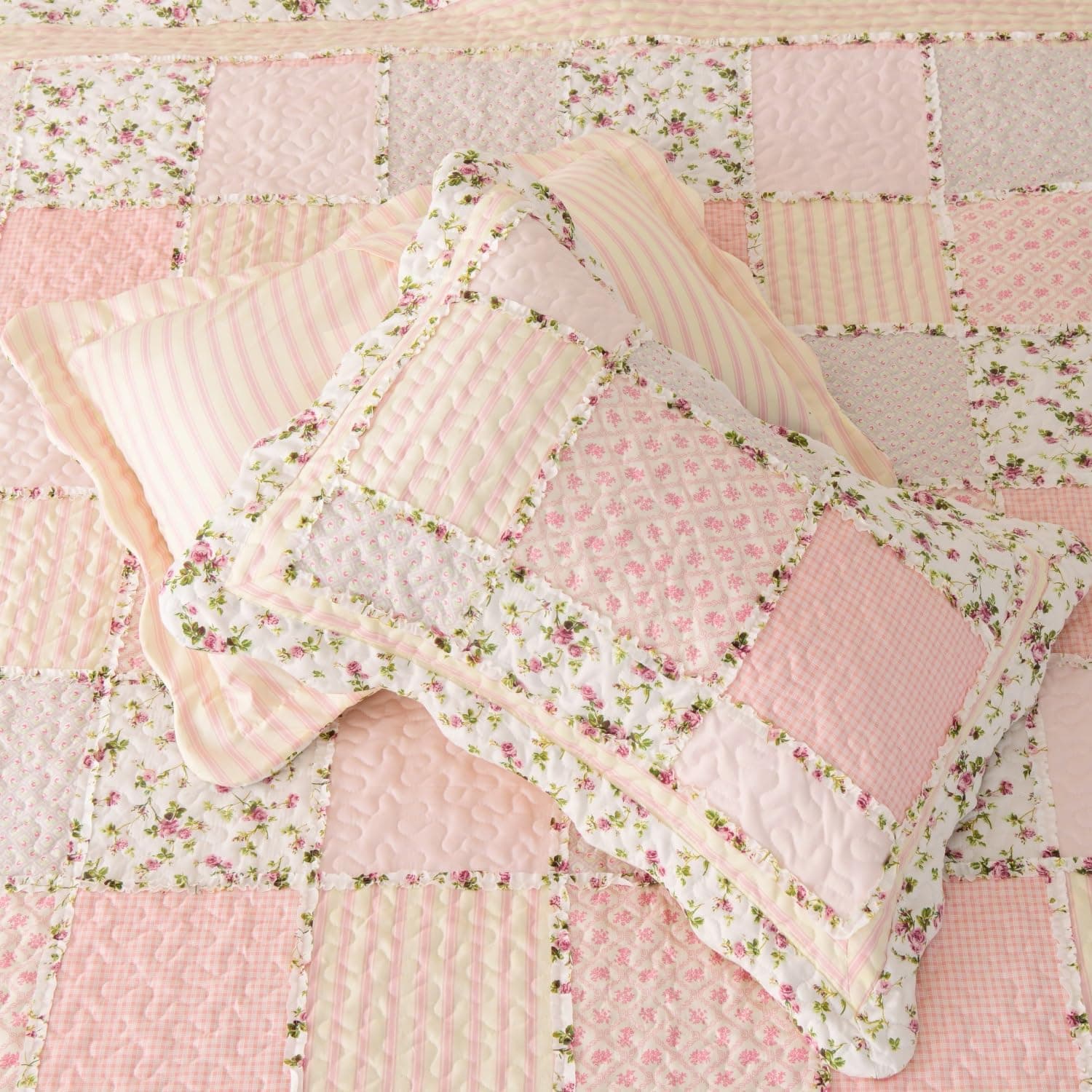 Cmfshape Floral Quilt Set Queen 3 Piece Patchwork Pink Yellow 2 Pillow Shams - Thumbnail 6
