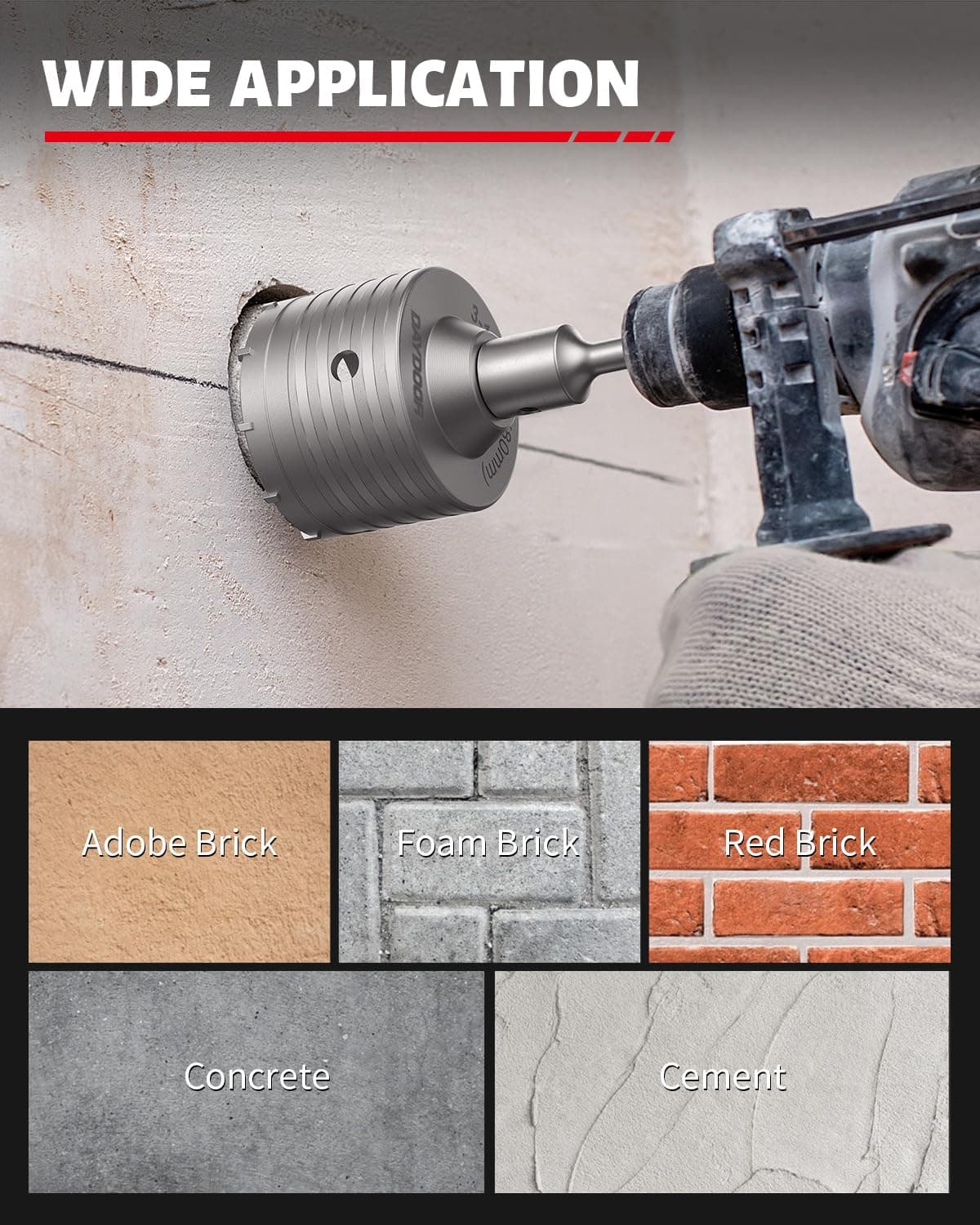 DAYDOOR 6-Piece Concrete Hole Saw Kit SDS Plus 1-9/16" 2-9/16" 3-1/8" 4" 5" - Thumbnail 7