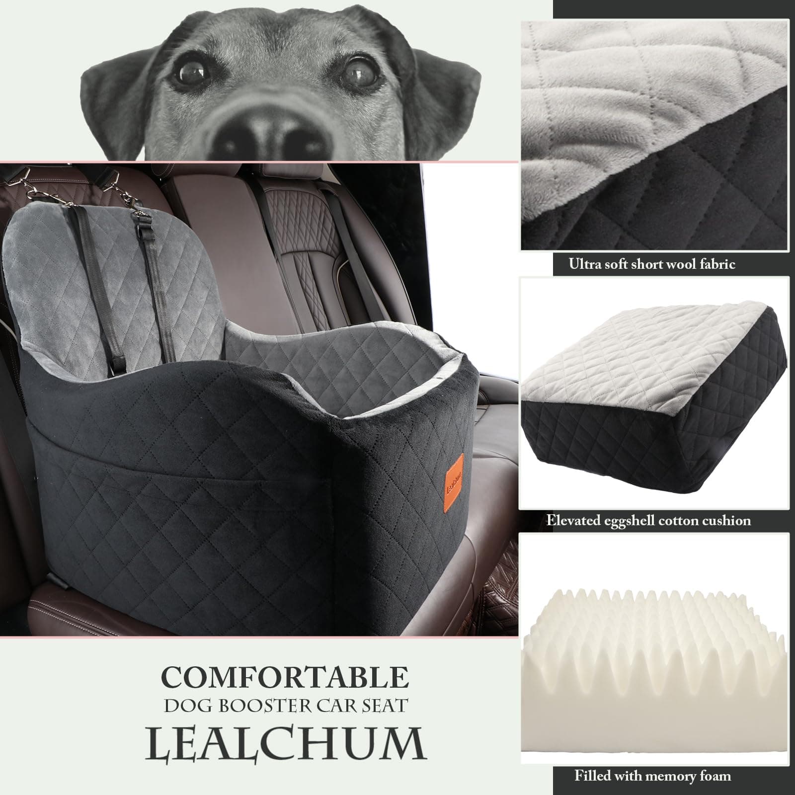 Lealchum Dog Booster Car Seat for Small/Medium Dogs 6in Memory Foam Black/Grey - Thumbnail 4