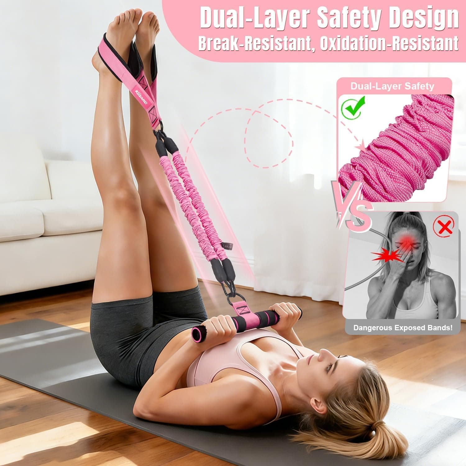 KUZARO Foot Pedal Resistance Band with Handle 3 Tube for Abs Waist Arm Leg - Thumbnail 4