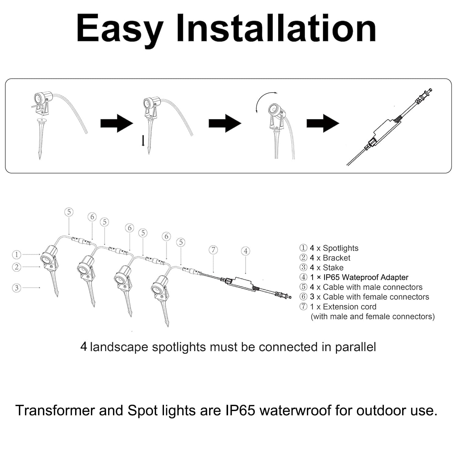 SUNTHIN 4 Pack Outdoor Spot Lights with Transformer IP65 Waterproof Connectable - Thumbnail 6
