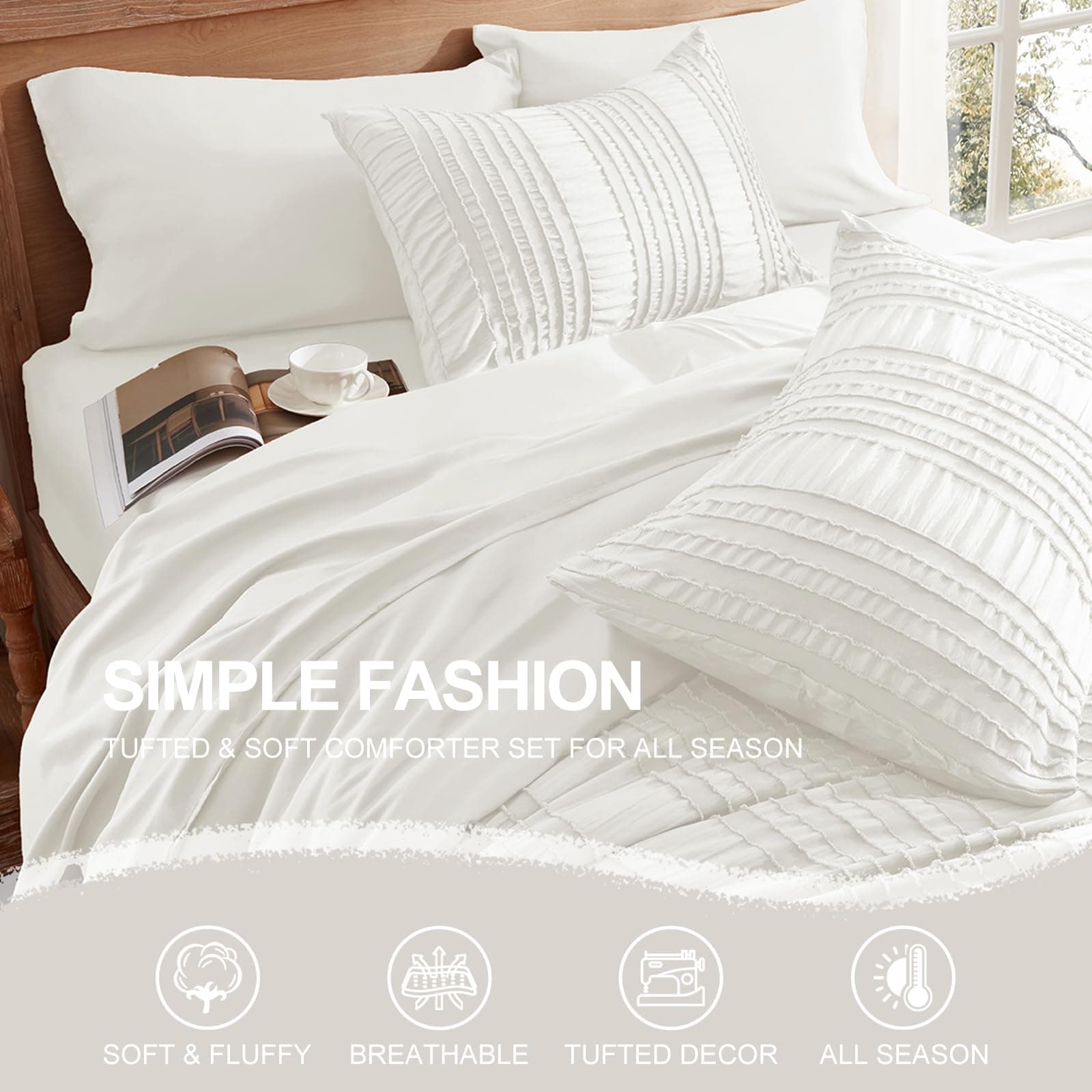 DHSFKBE White King 7 Piece Tufted Comforter Set Bed in a Bag Microfiber - Thumbnail 4