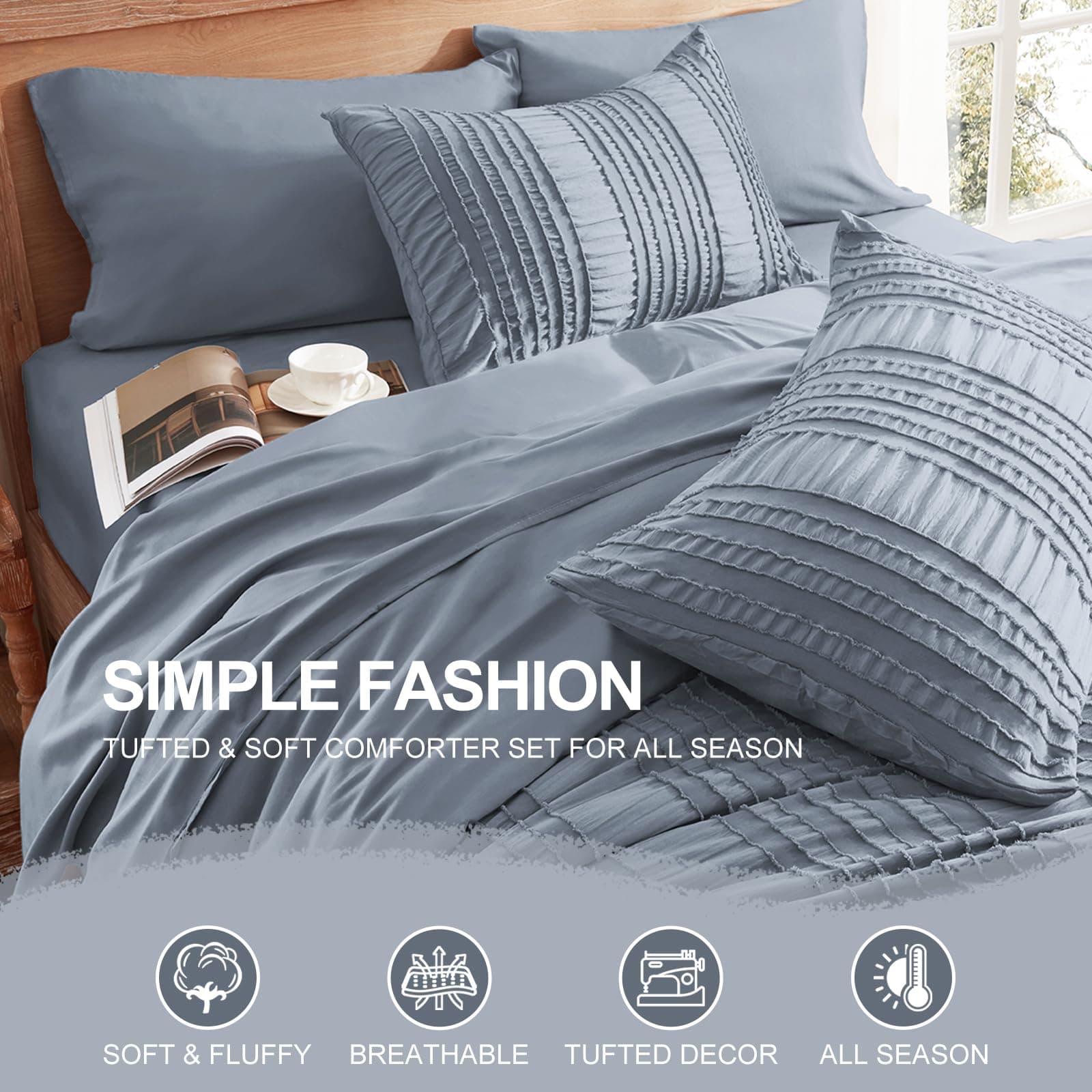 DHSFKBE Blue Tufted Comforter Set Queen Size 7 Piece Bed in a Bag Microfiber - Thumbnail 4