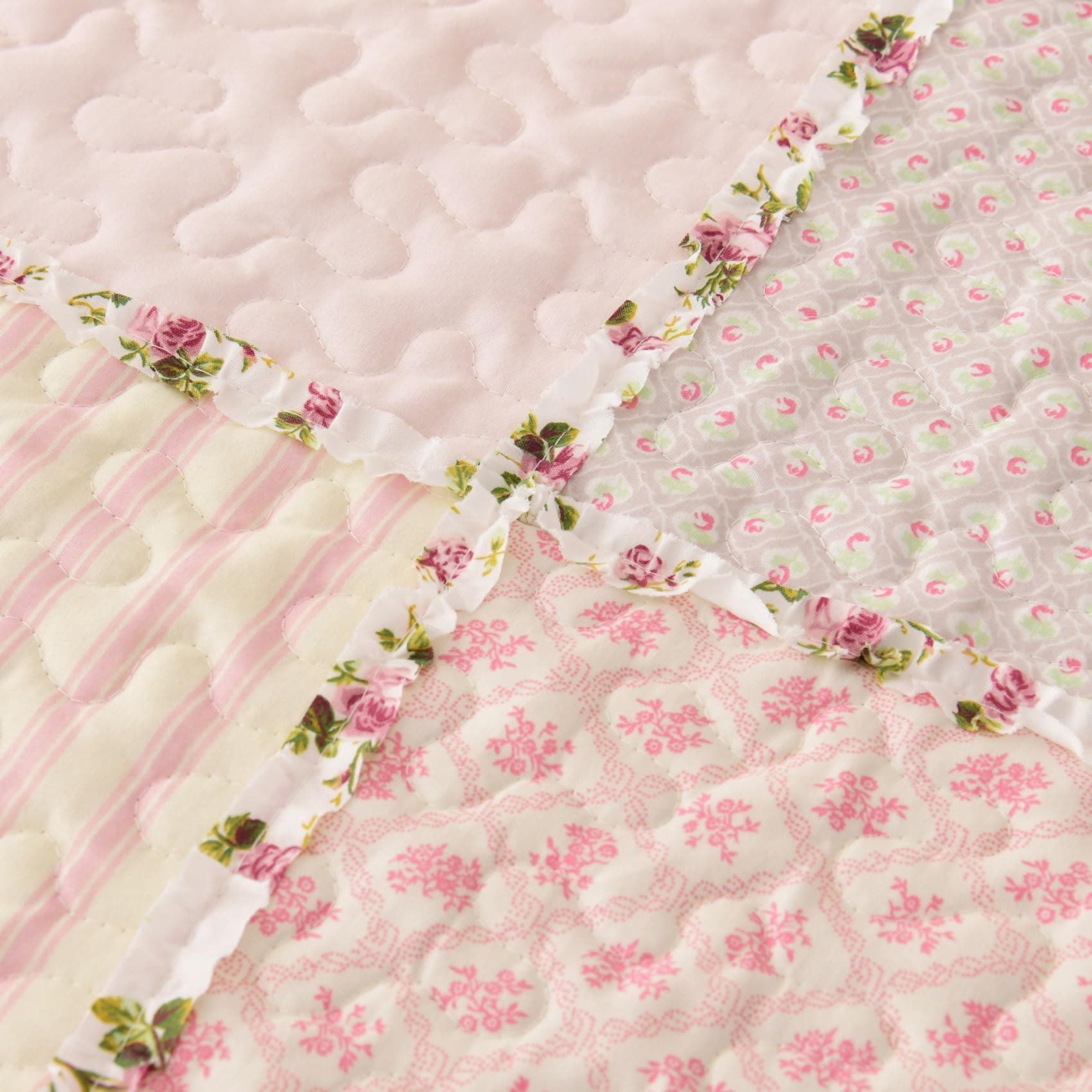 Cmfshape Floral Quilt Set Queen 3 Piece Patchwork Pink Yellow 2 Pillow Shams - Thumbnail 3