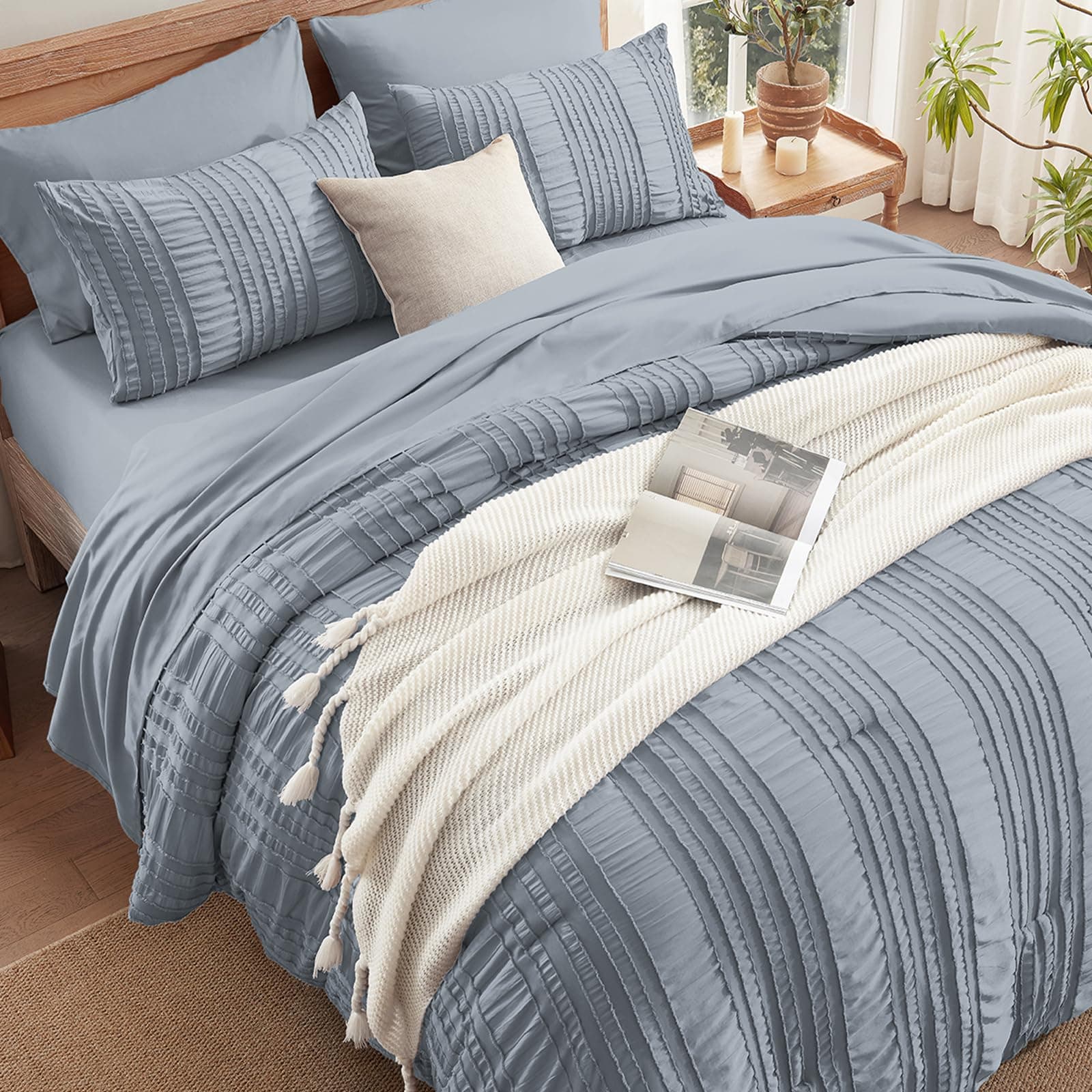DHSFKBE Blue Tufted Comforter Set Queen Size 7 Piece Bed in a Bag Microfiber - Thumbnail 3