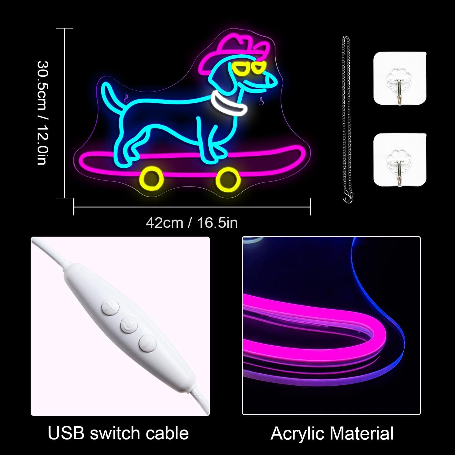 Lucunstar Dachshund Skateboard Neon Sign USB LED Light Wall Decor - Thumbnail 4