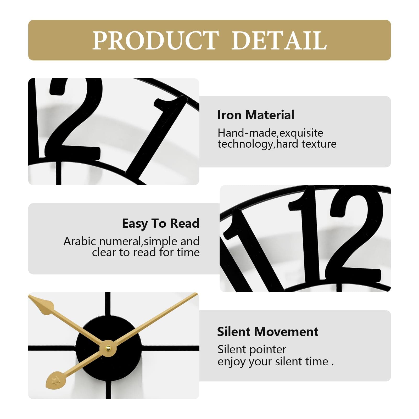 HEBOIX Digital Silent Black Wall Clock 24 Inch Battery Operated - Thumbnail 4