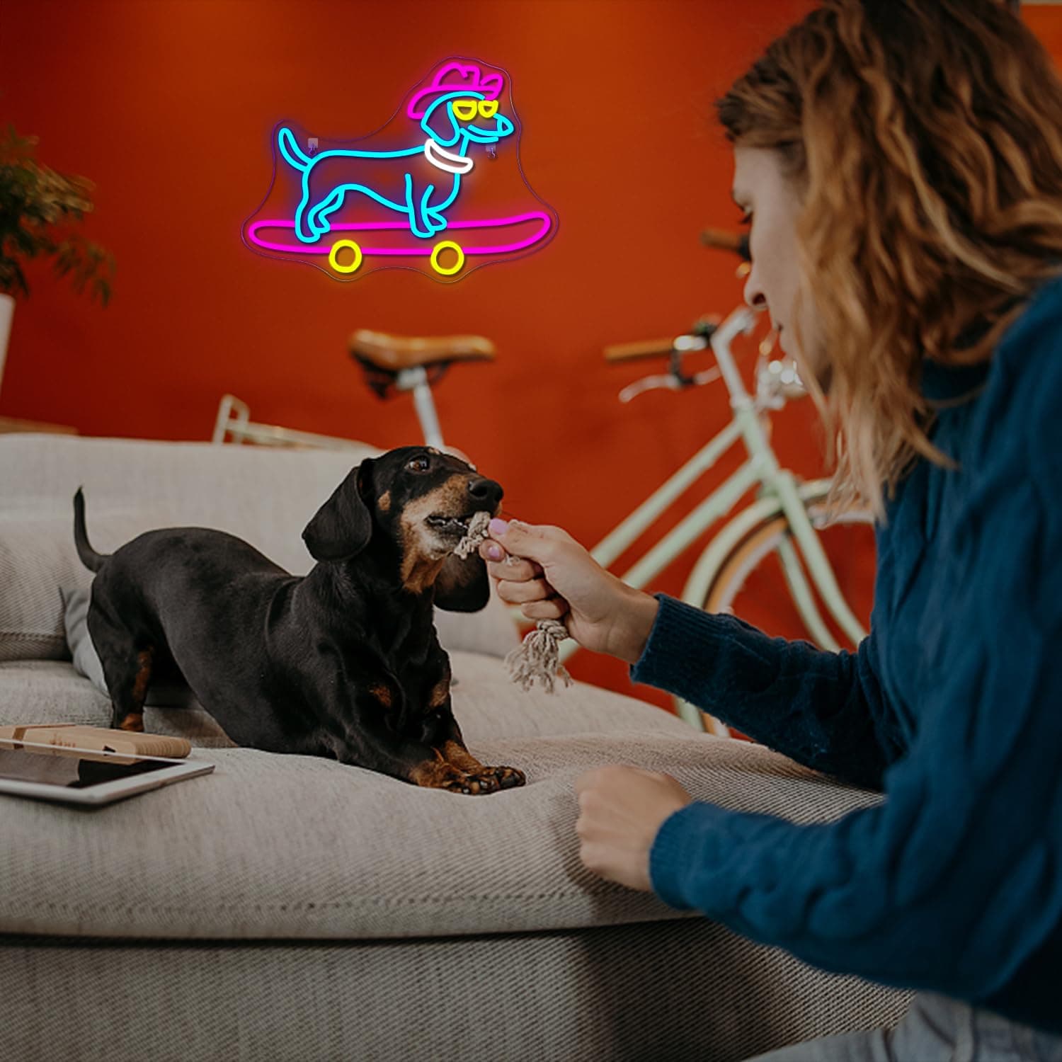 Lucunstar Dachshund Skateboard Neon Sign USB LED Light Wall Decor - Thumbnail 6