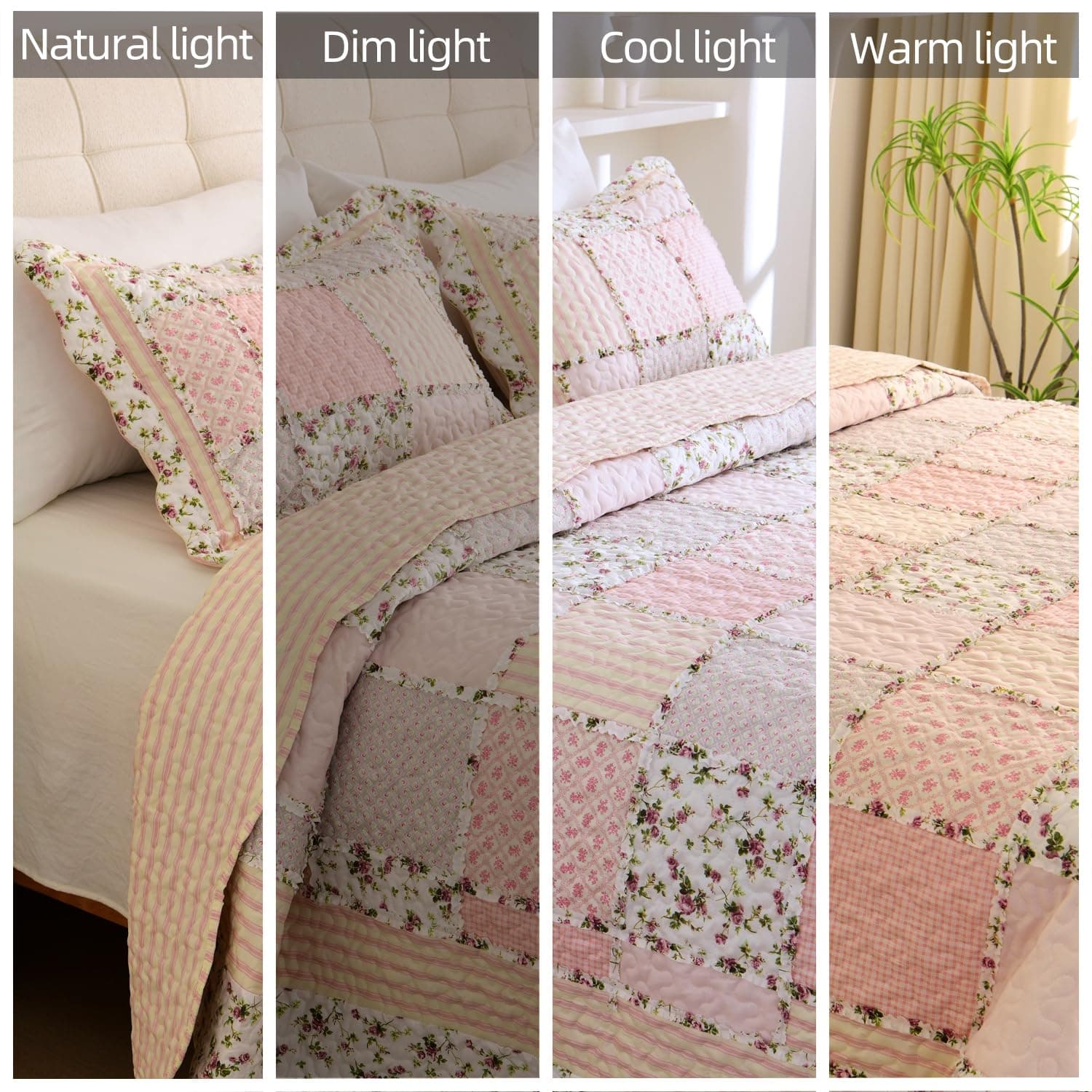 Cmfshape Floral Quilt Set Queen 3 Piece Patchwork Pink Yellow 2 Pillow Shams - Thumbnail 5