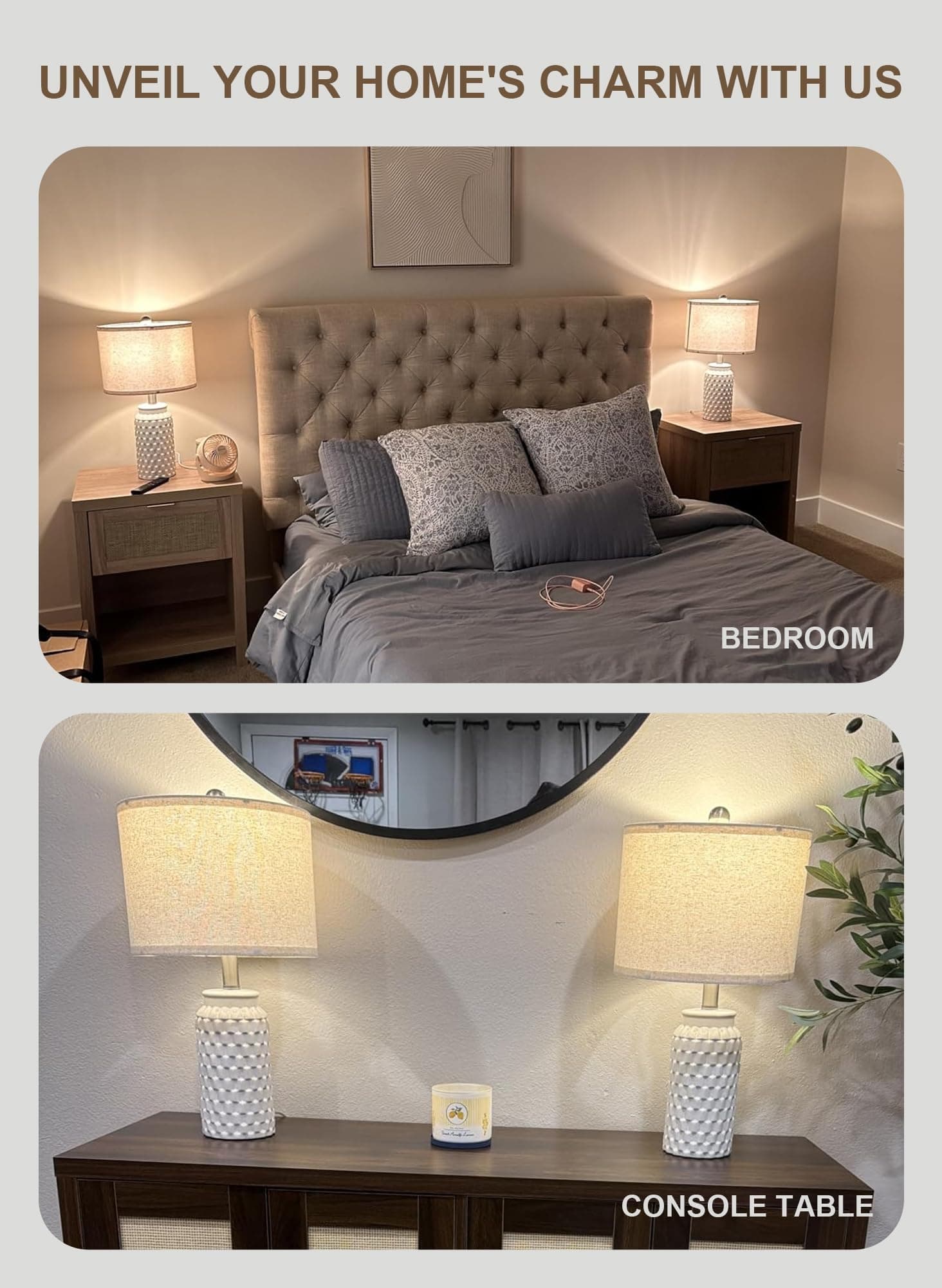 USumkky 20.5" White Modern Ceramic Bedside Lamps Set of 2 Small Table Lamp - Thumbnail 2