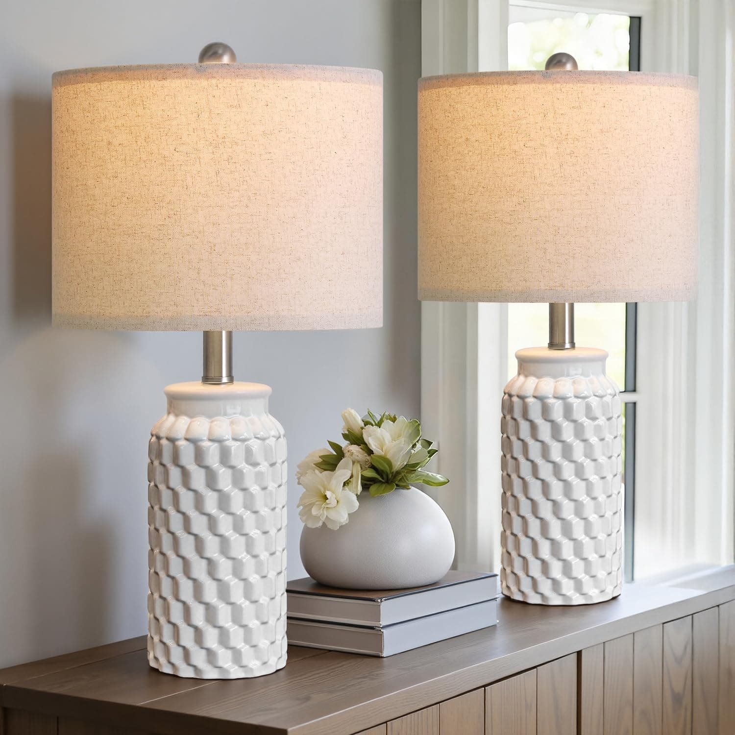 USumkky 20.5" White Modern Ceramic Bedside Lamps Set of 2 Small Table Lamp - Thumbnail 5