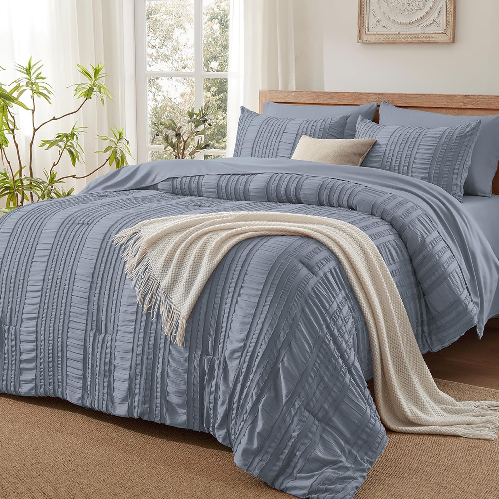 DHSFKBE Blue King Size 7 Piece Bed in a Bag Microfiber Ruffle Comforter Set