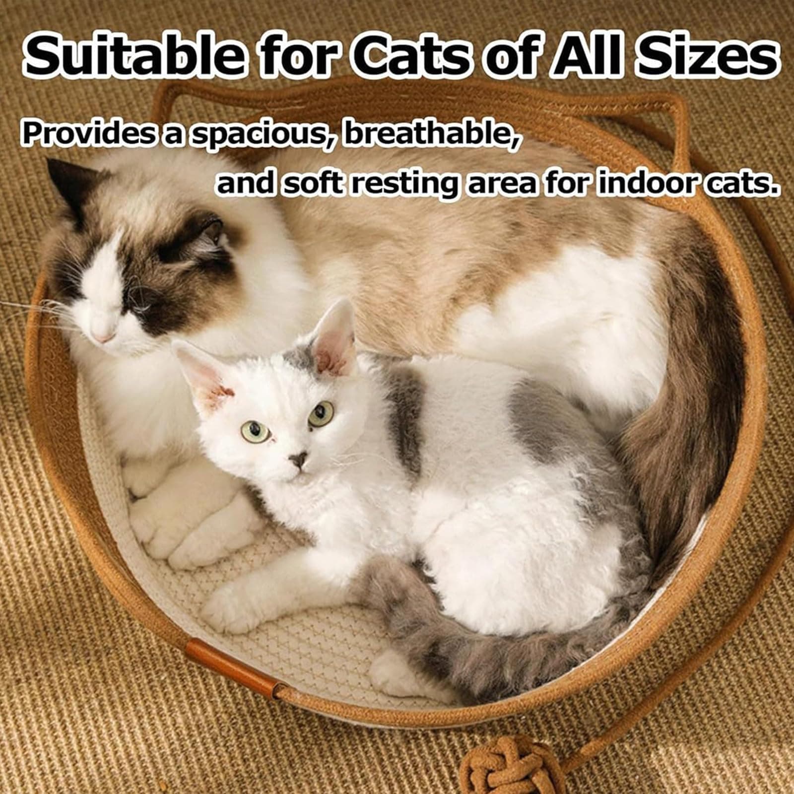 FHKPET Stimuli Handwoven Large Cat Basket Rope Cotton Round Boho Catbed - Thumbnail 6